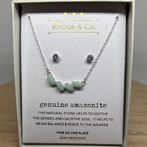 Genuine Amazonite Necklace and Stud Earrings - Light Green Silver Set